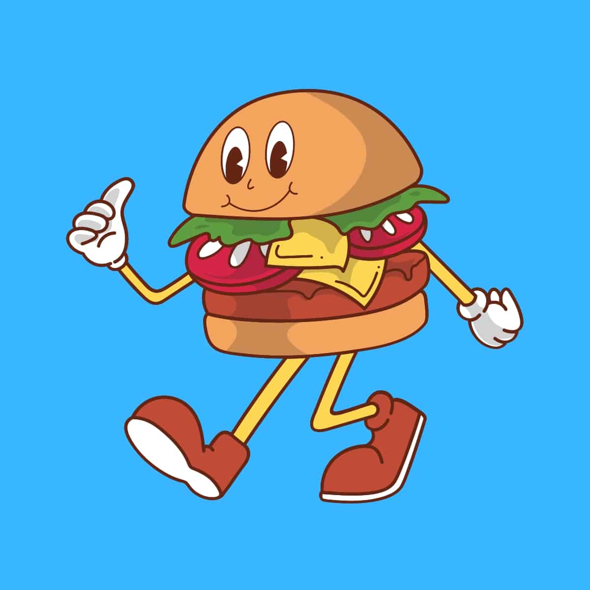 Cartoon graphic of a burger walking and smiling on a blue background.