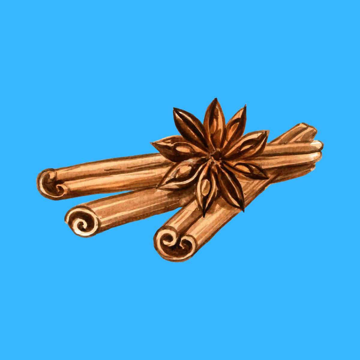 Cartoon graphic of 3 cinnamon sticks on a blue background.