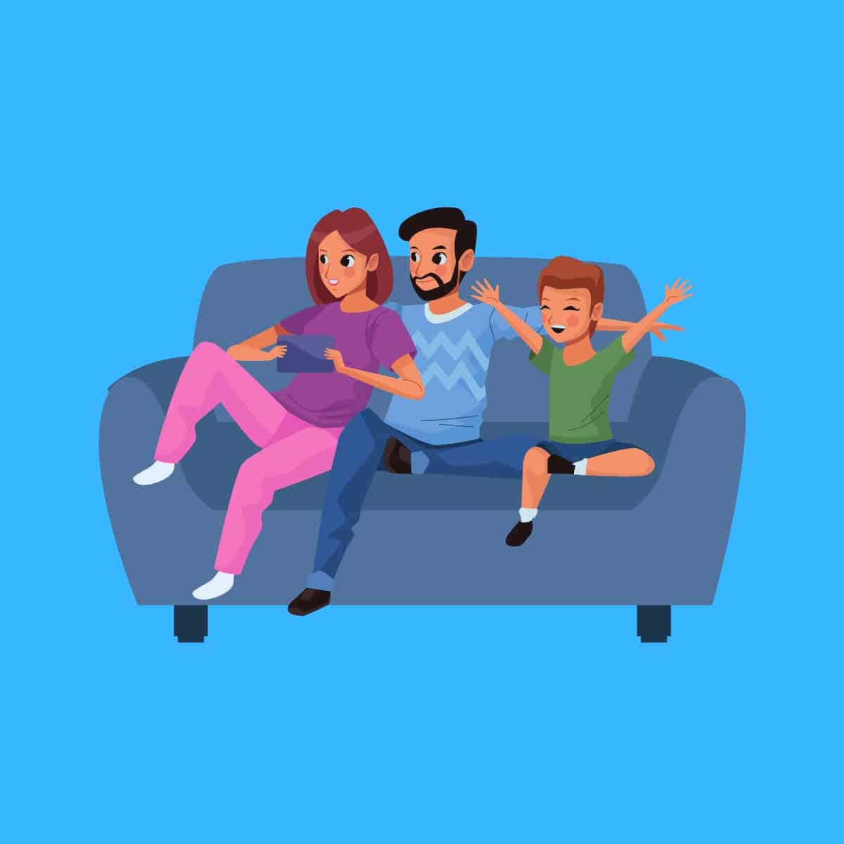 Cartoon graphic of a family excited on a couch on a blue background.