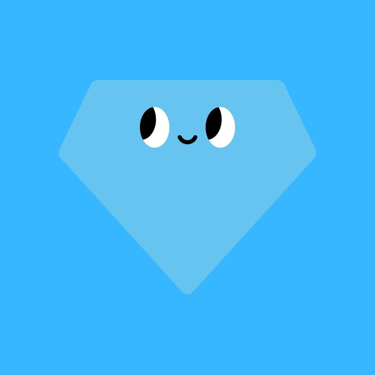 Cartoon graphic of a blue diamond with a smiling face on a blue background.