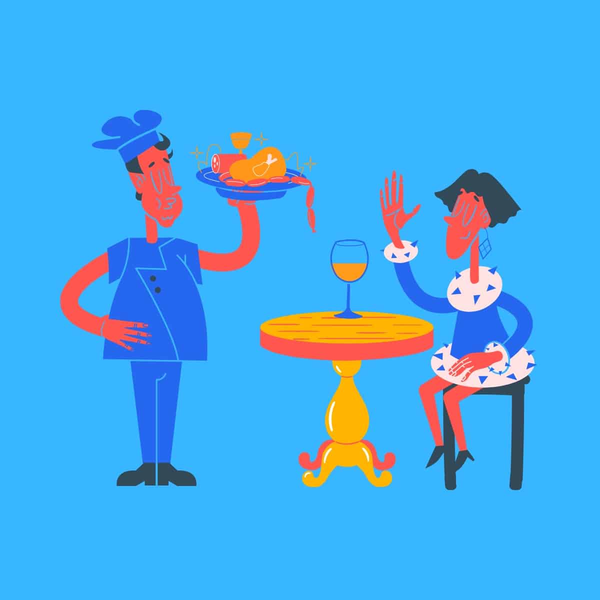 Cartoon graphic of a waiter delivering dinner to a person sitting at a table on a blue background.