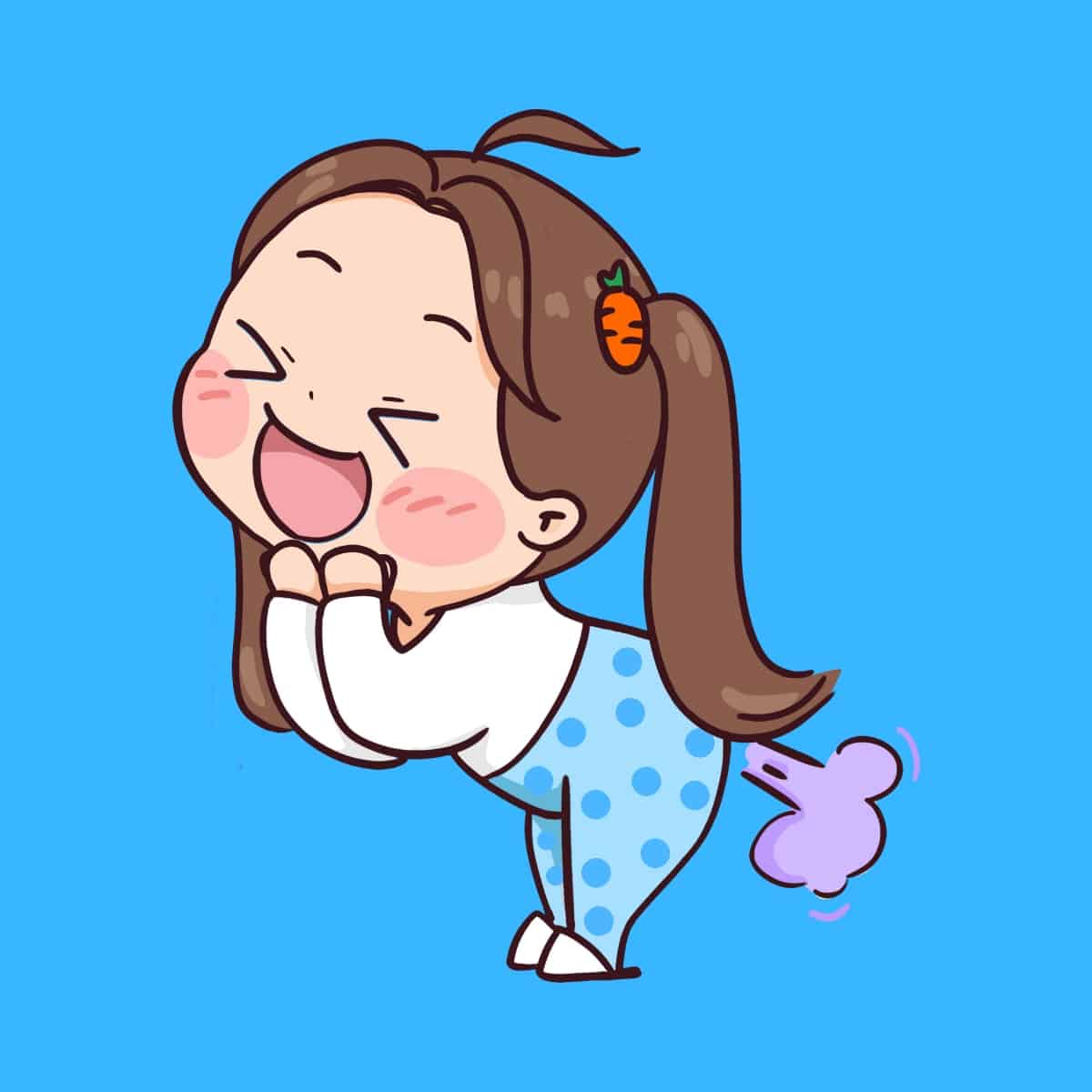 Cartoon graphic of a young girl doing a fart and laughing on a blue background.