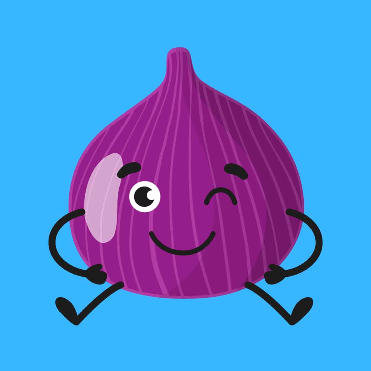 Cartoon graphic of a purple fig winking and sitting down on a blue background.