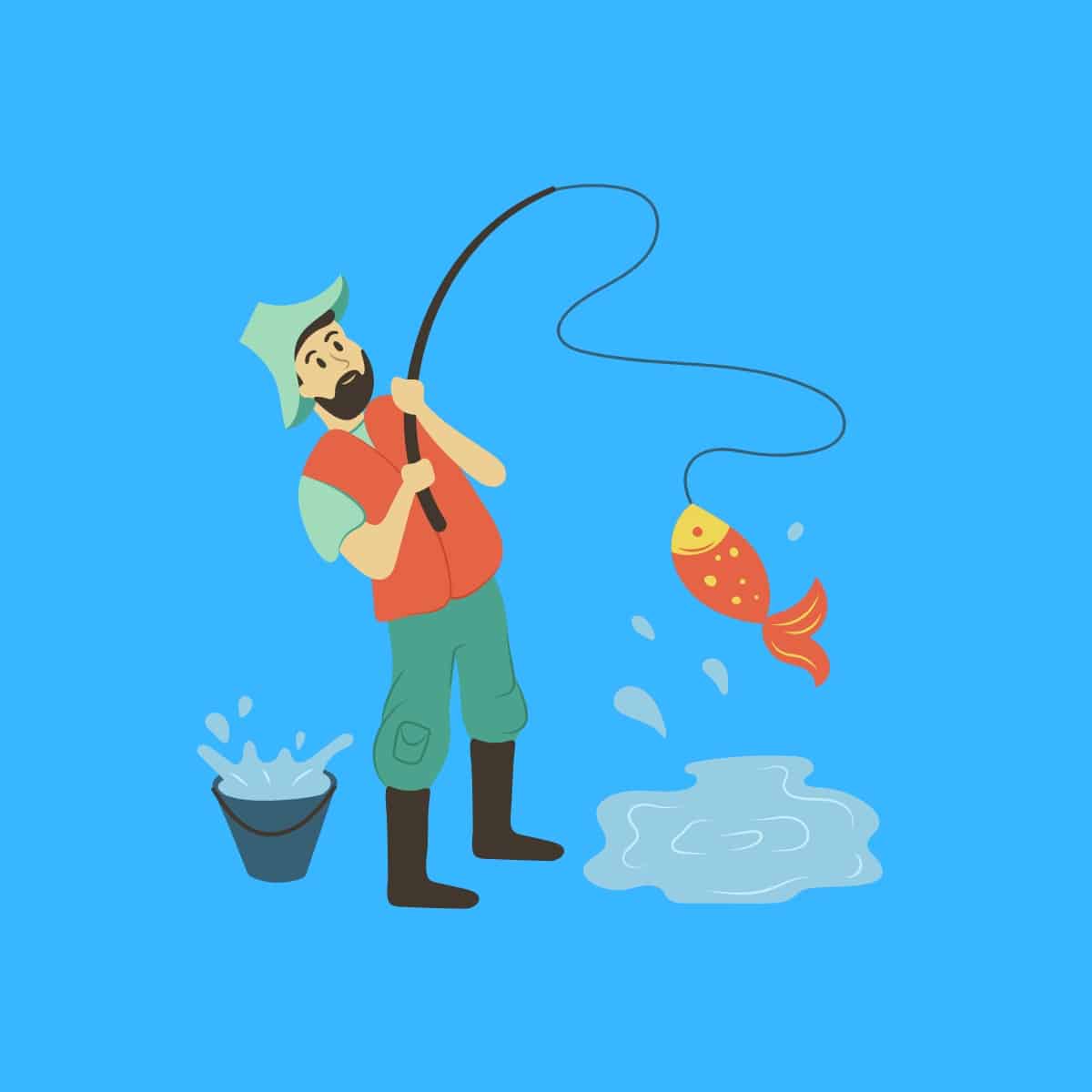 Cartoon graphic of a fisherman pulling out a fish on his line with a bucket next to him on a blue background.