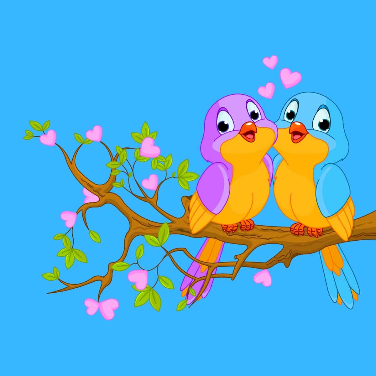 Cartoon graphic of two birds flirting on a tree branch on a blue background.