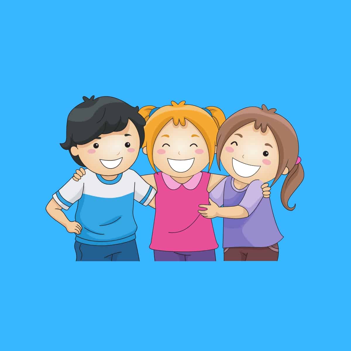 Cartoon graphic of 3 friends with their arms around each other smiling on a blue background.