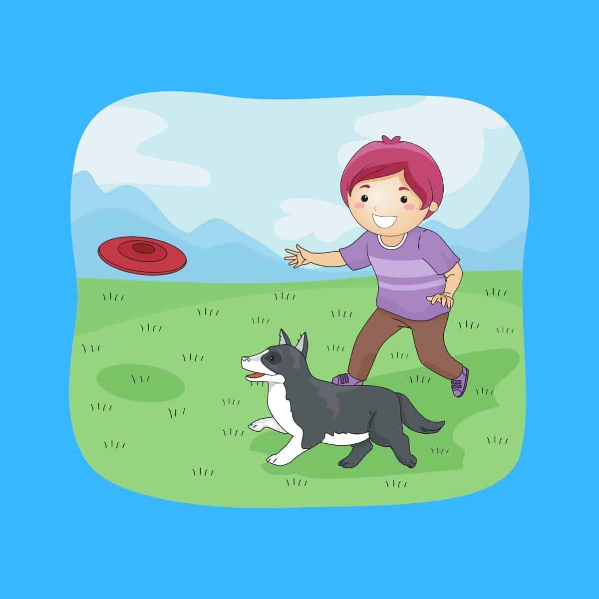 Cartoon graphic of a boy throwing a frisbee to his dog on grass on a blue background.