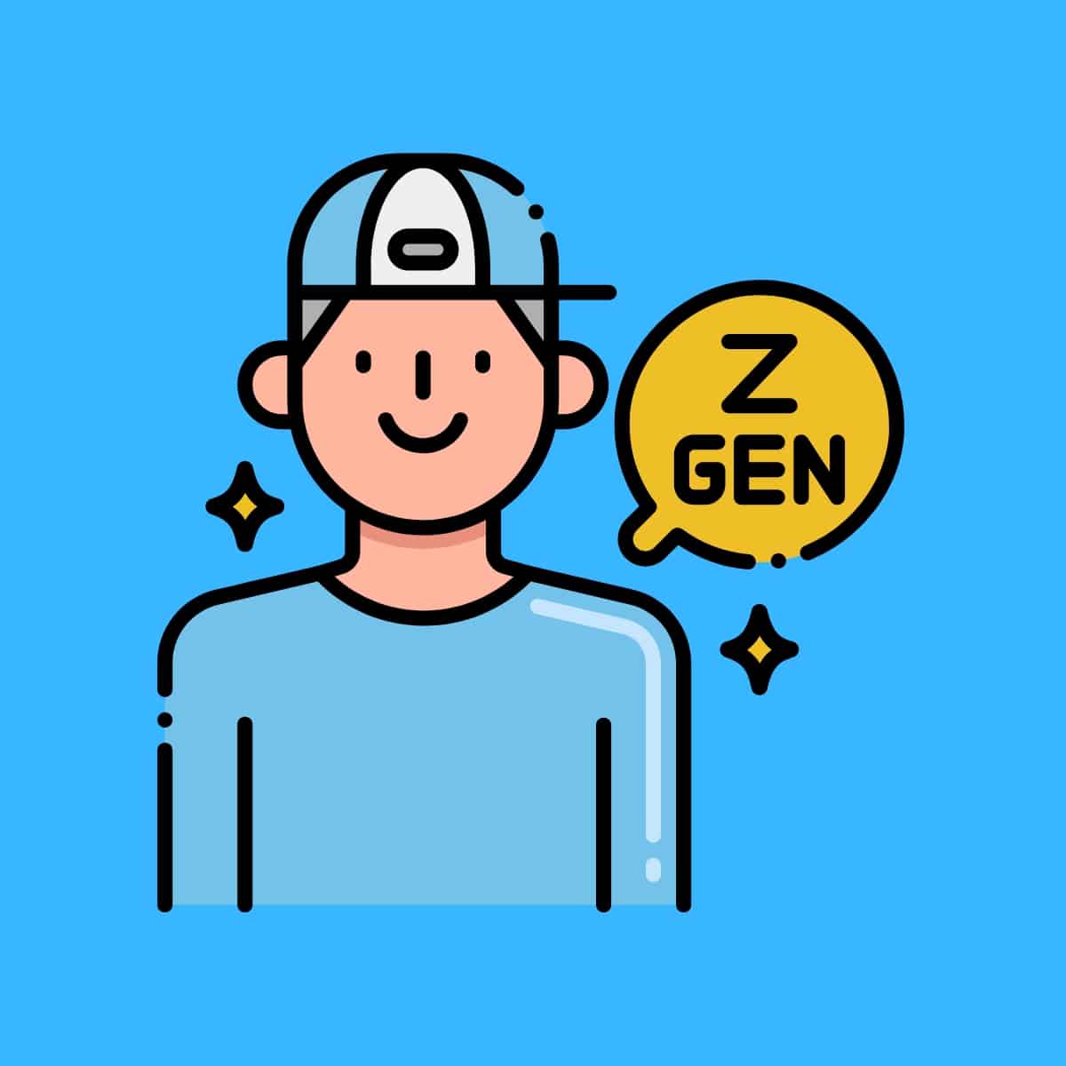 Cartoon graphic of a boy with a blue hat and the words Gen Z in a bubble next to him on a blue background.