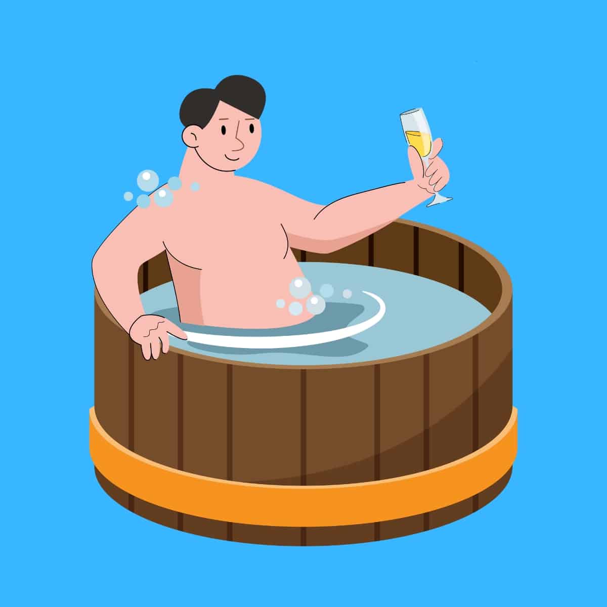 Cartoon graphic of a man in a hot tub holding a glass of champagne on a blue background.