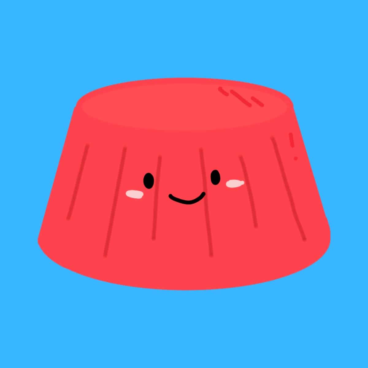 Cartoon graphic of red jelly with a smiley face on a blue background.