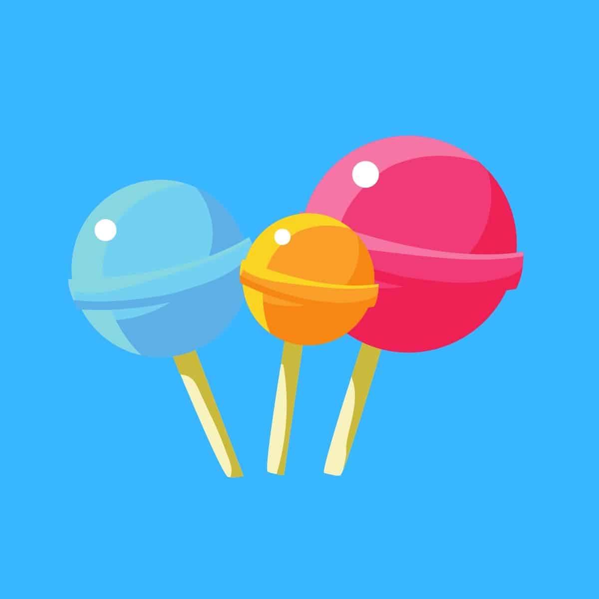 Cartoon graphic of 3 lollipops on a blue background.