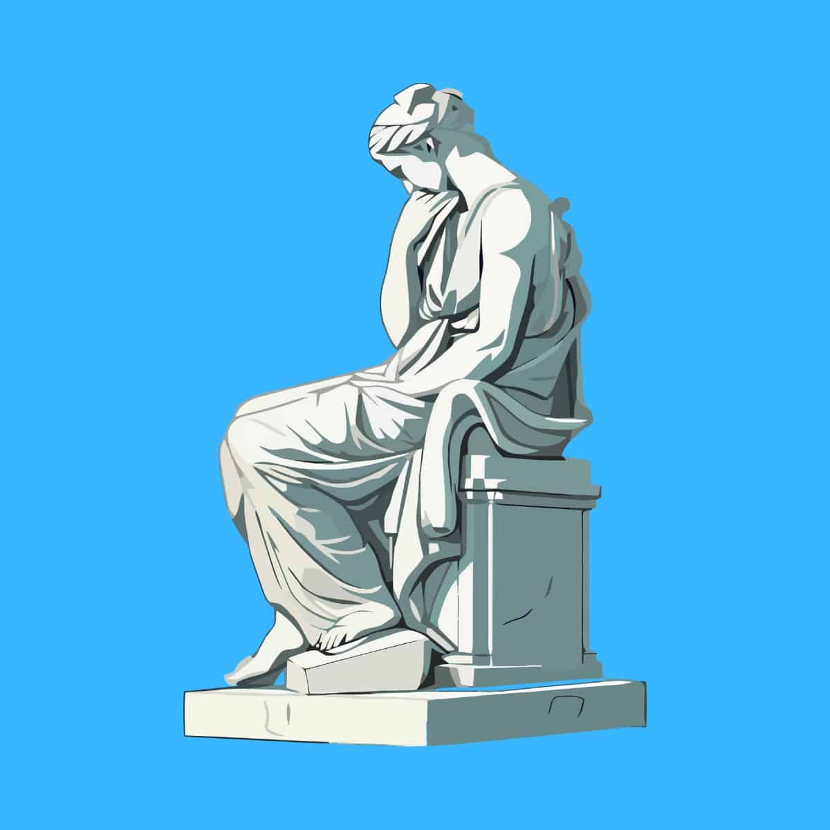 Cartoon graphic of a marble statue on a blue background.