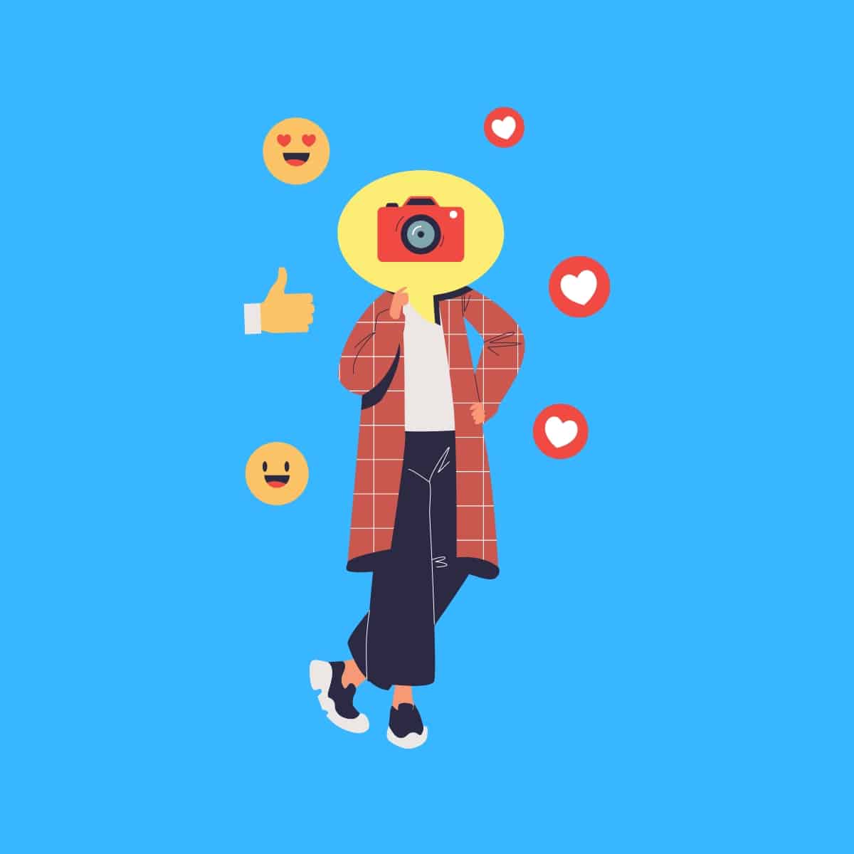 Cartoon graphic of a millennial with a camera image over her face with emojis around her on a blue background.