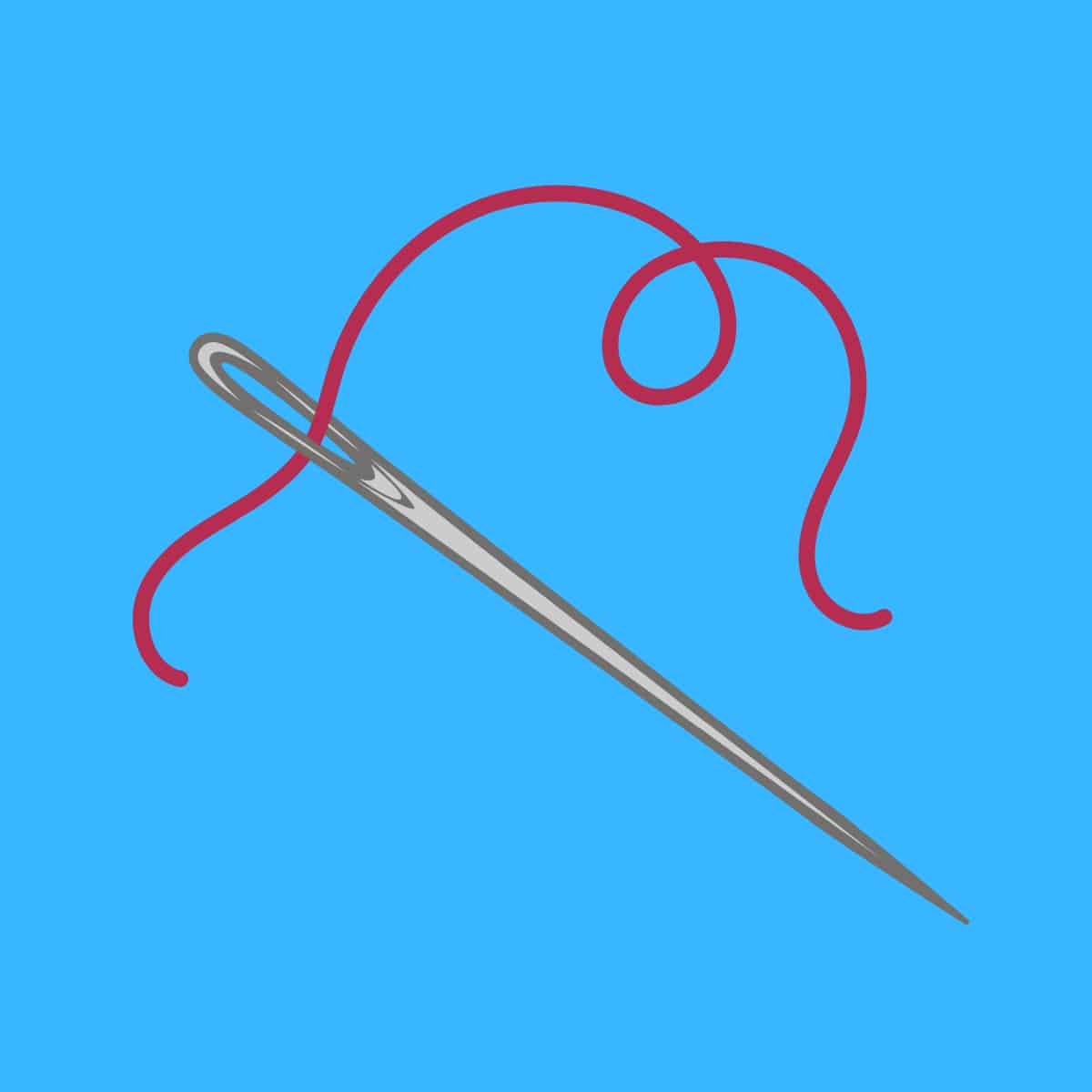 Cartoon graphic of a needle and red thread on a blue background.