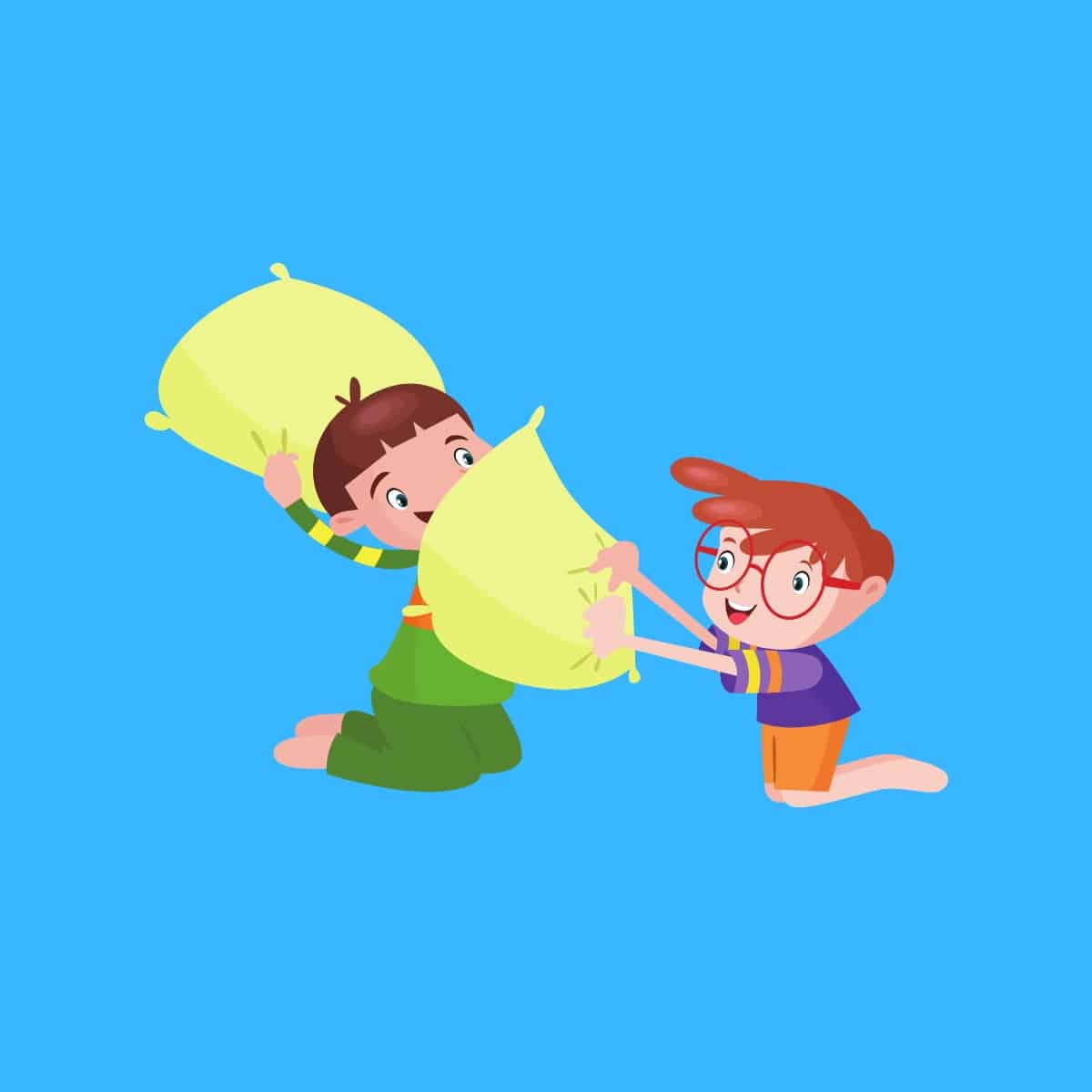 Cartoon graphic of two boys having a pillow fight on a blue background.