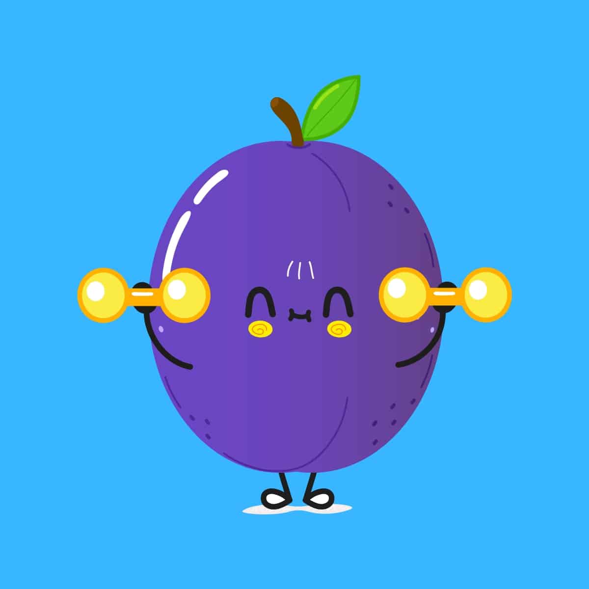 Cartoon graphic of a purple pun lifting weights on a blue background.