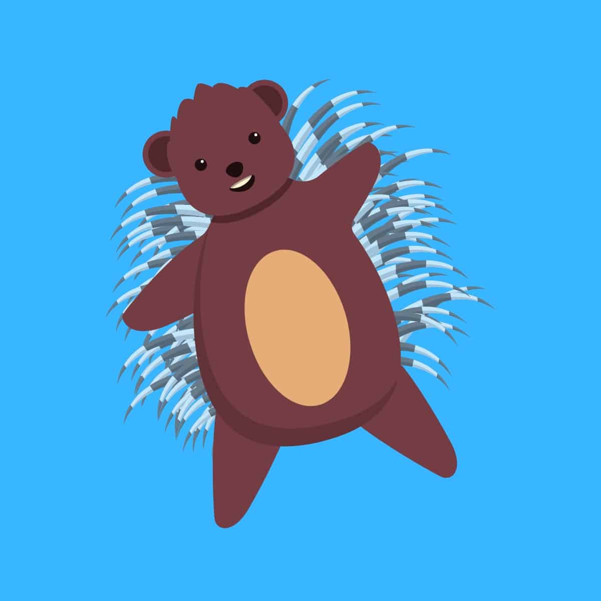 Cartoon graphic of a porcupine with its arms and legs outstretched on a blue background.