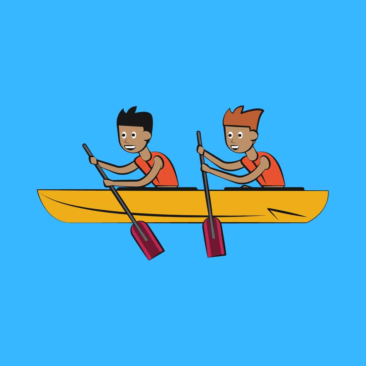 Cartoon graphic of two boys rowing in a row boat on a blue background.