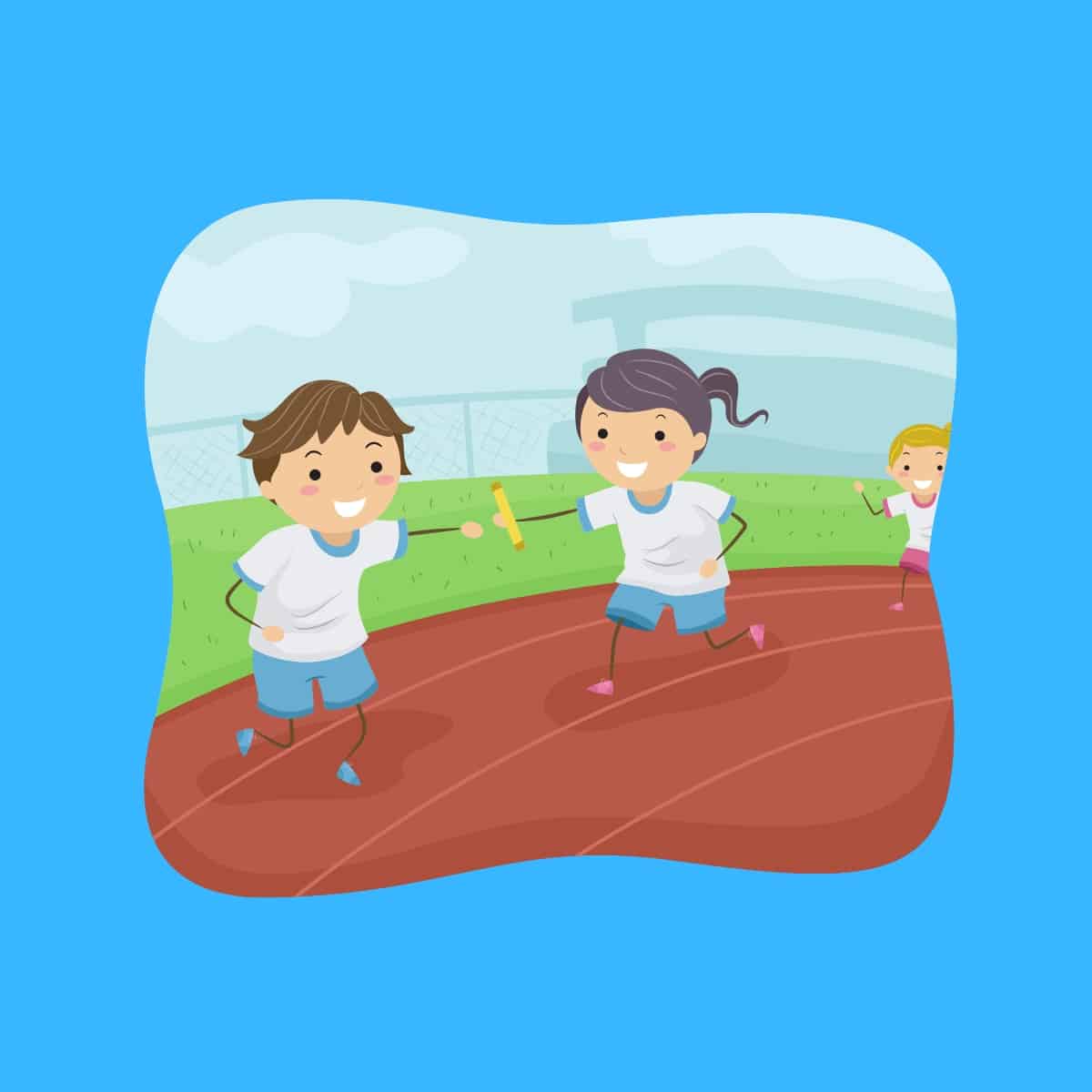 Cartoon graphic of a girl passing a baton to a boy in a relay running race on a blue background.