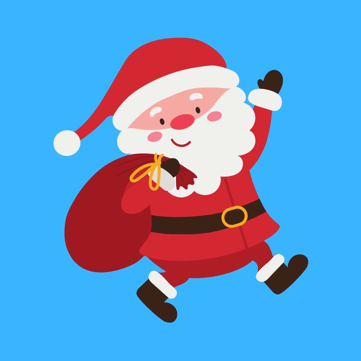 Cartoon graphic of Santa waving with a sack of toys on a blue background.
