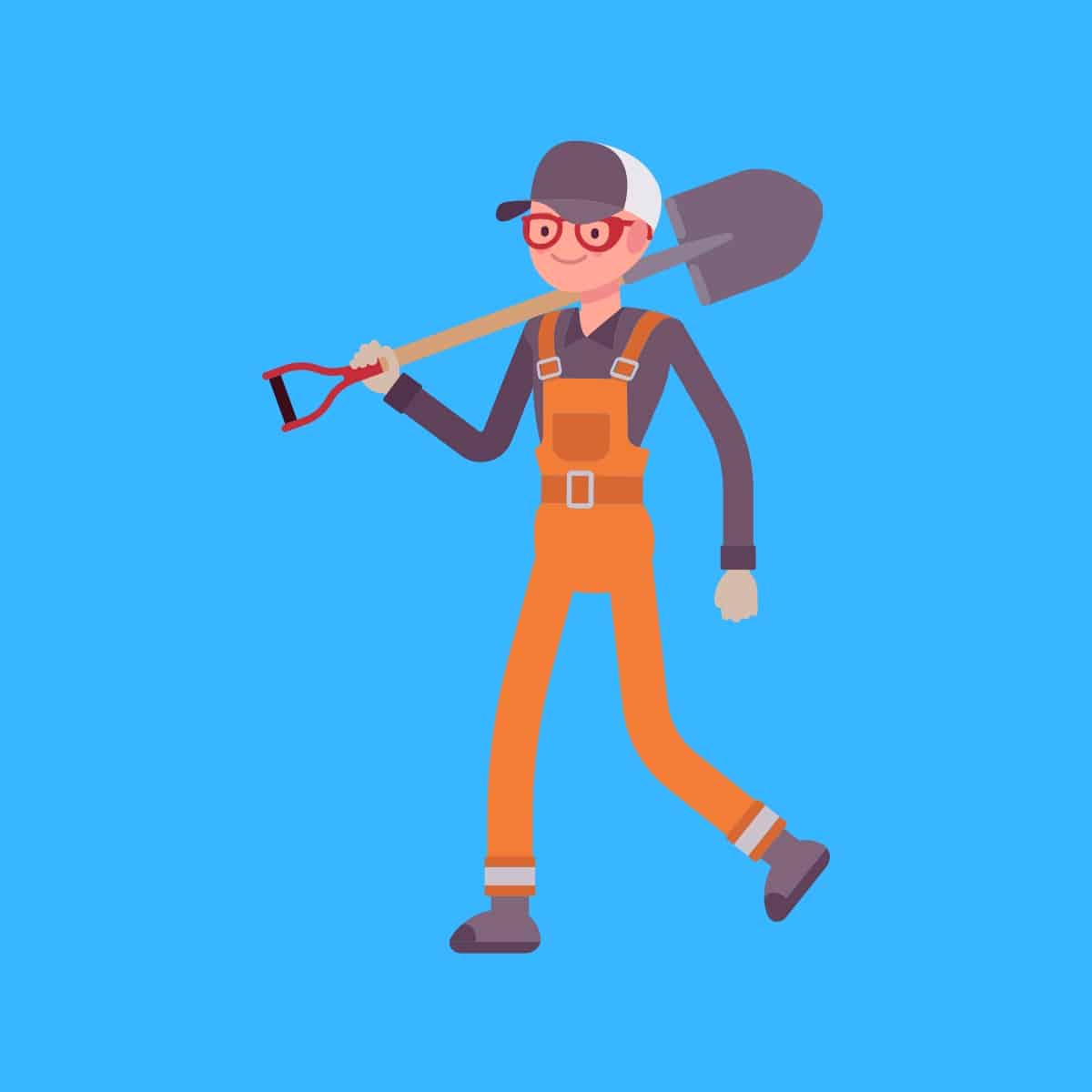 Cartoon graphic of a man holding a shovel over his shoulder on a blue background.