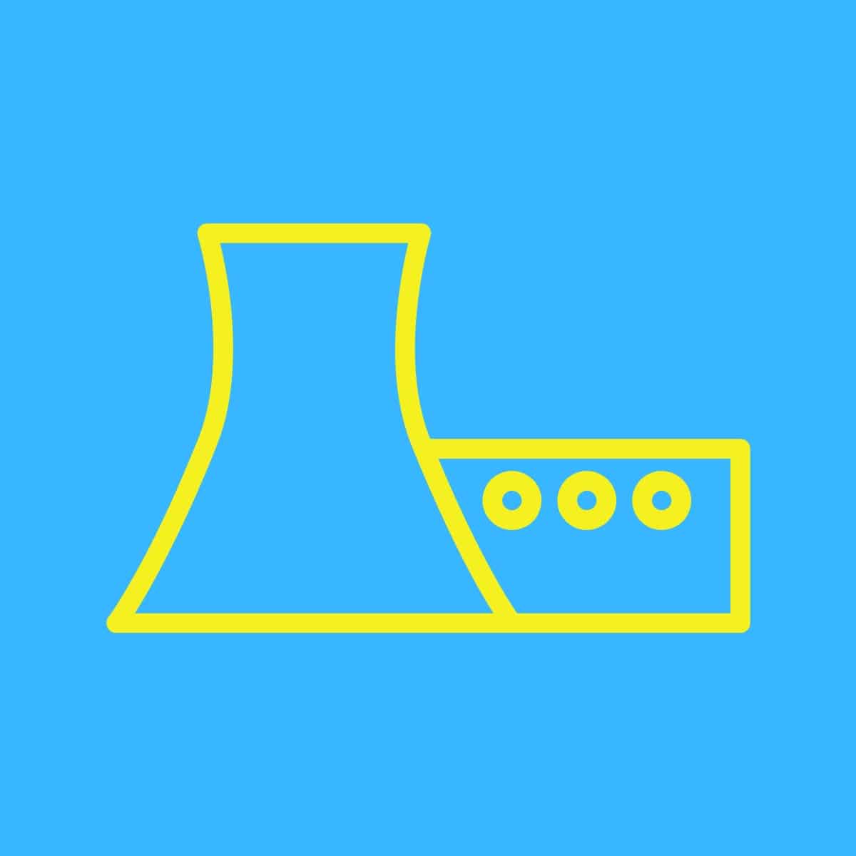 Cartoon graphic of a yellow nuclear power station from the Simpsons on a blue background.