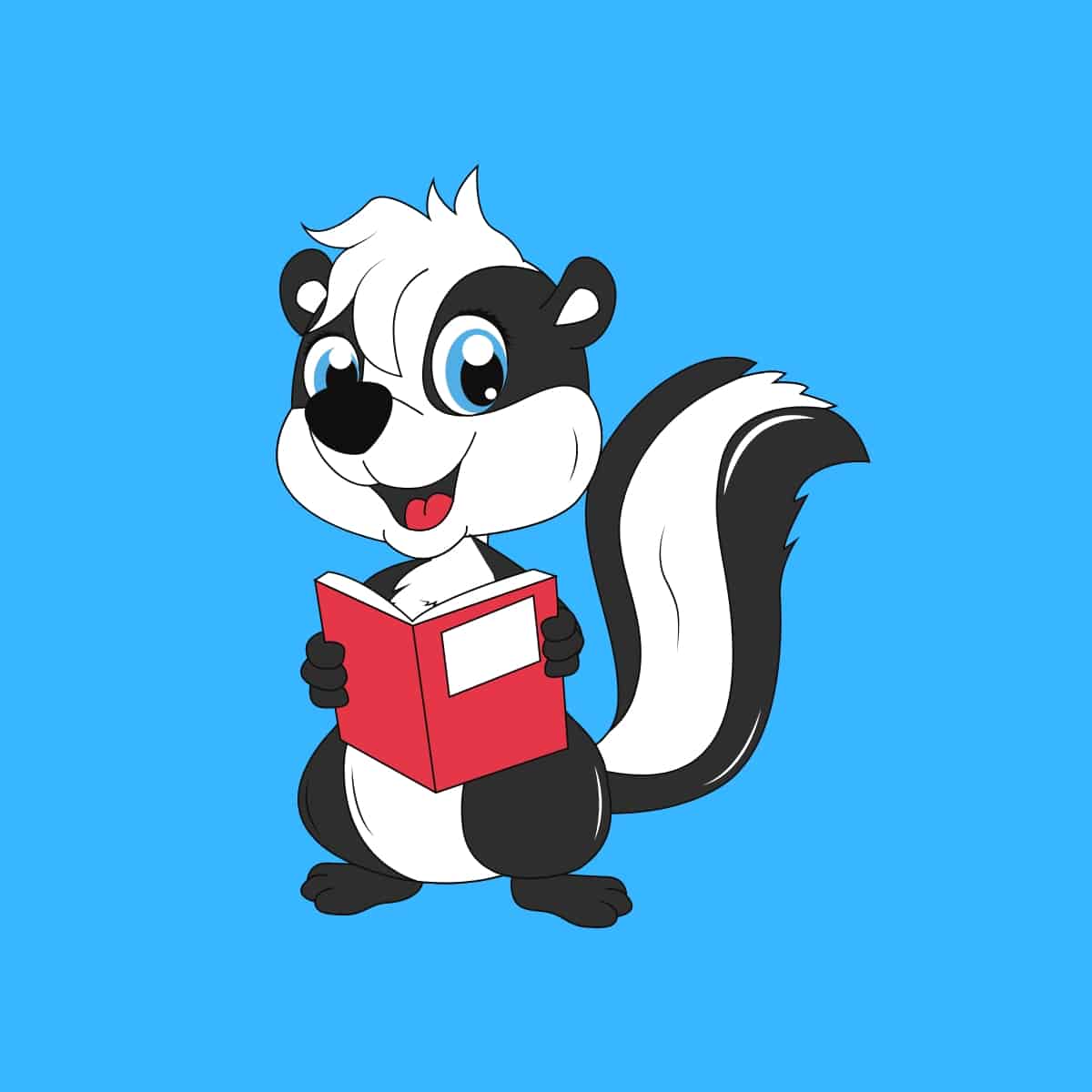 Cartoon graphic of a skunk reading a red book on a blue background.