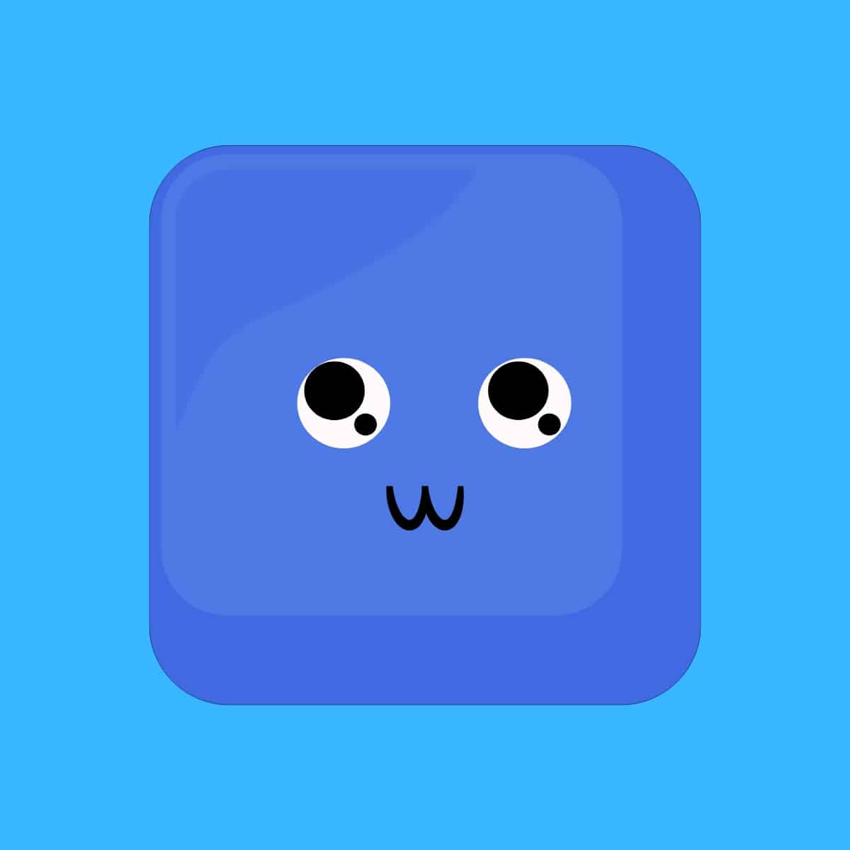 Cartoon graphic of a blue square smiling on blue background.