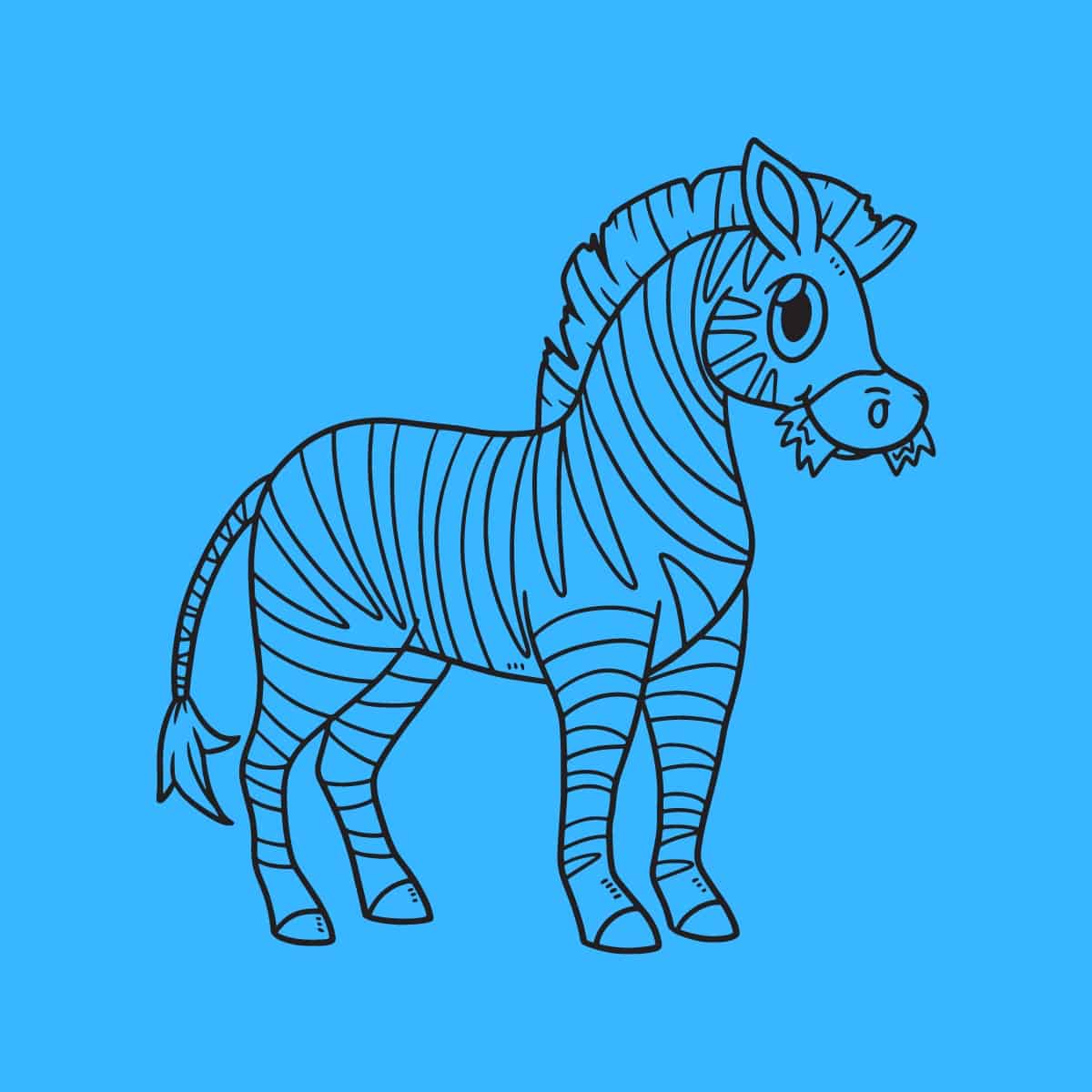 Cartoon graphic of a black outlined zebra with stripes on a blue background.