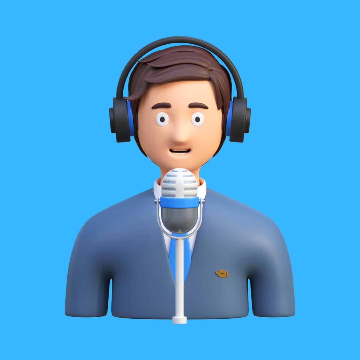 Cartoon graphic of a super bowl commentator on a blue background.