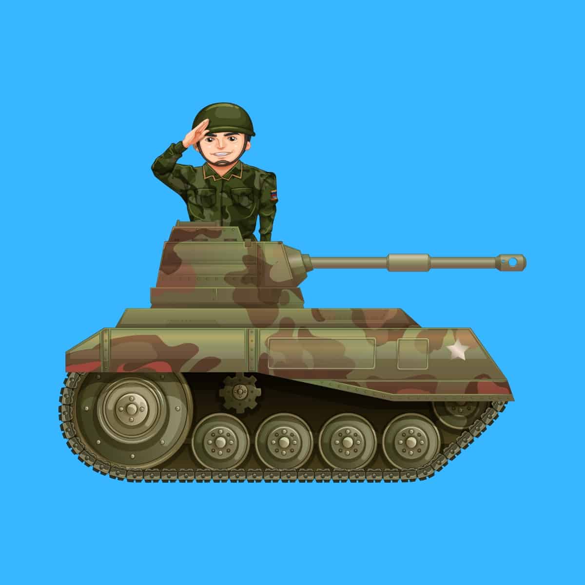 Cartoon graphic of an army man saluting on top of a tank on a blue background.