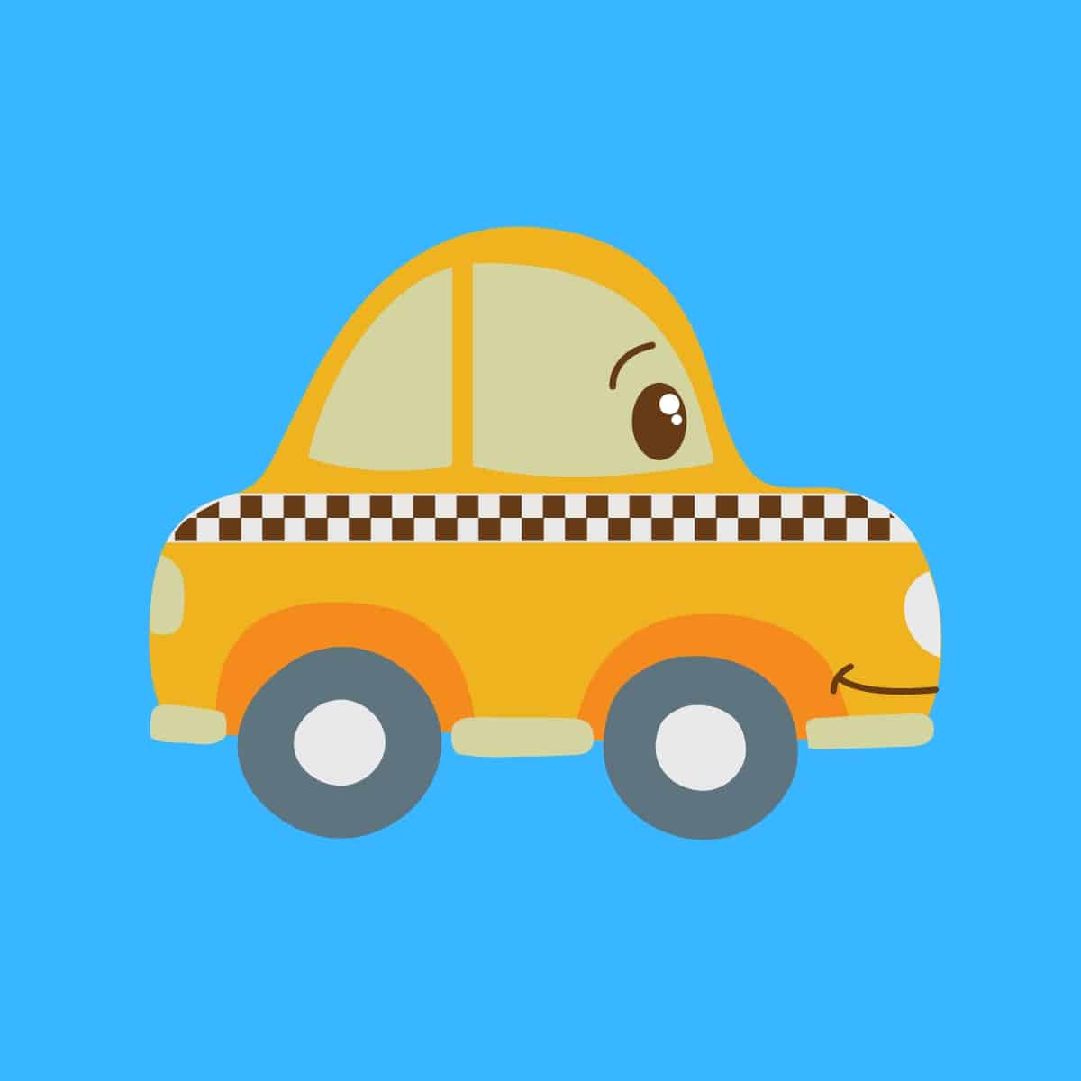 Cartoon graphic of a yellow taxi with a smiling face on a blue background.