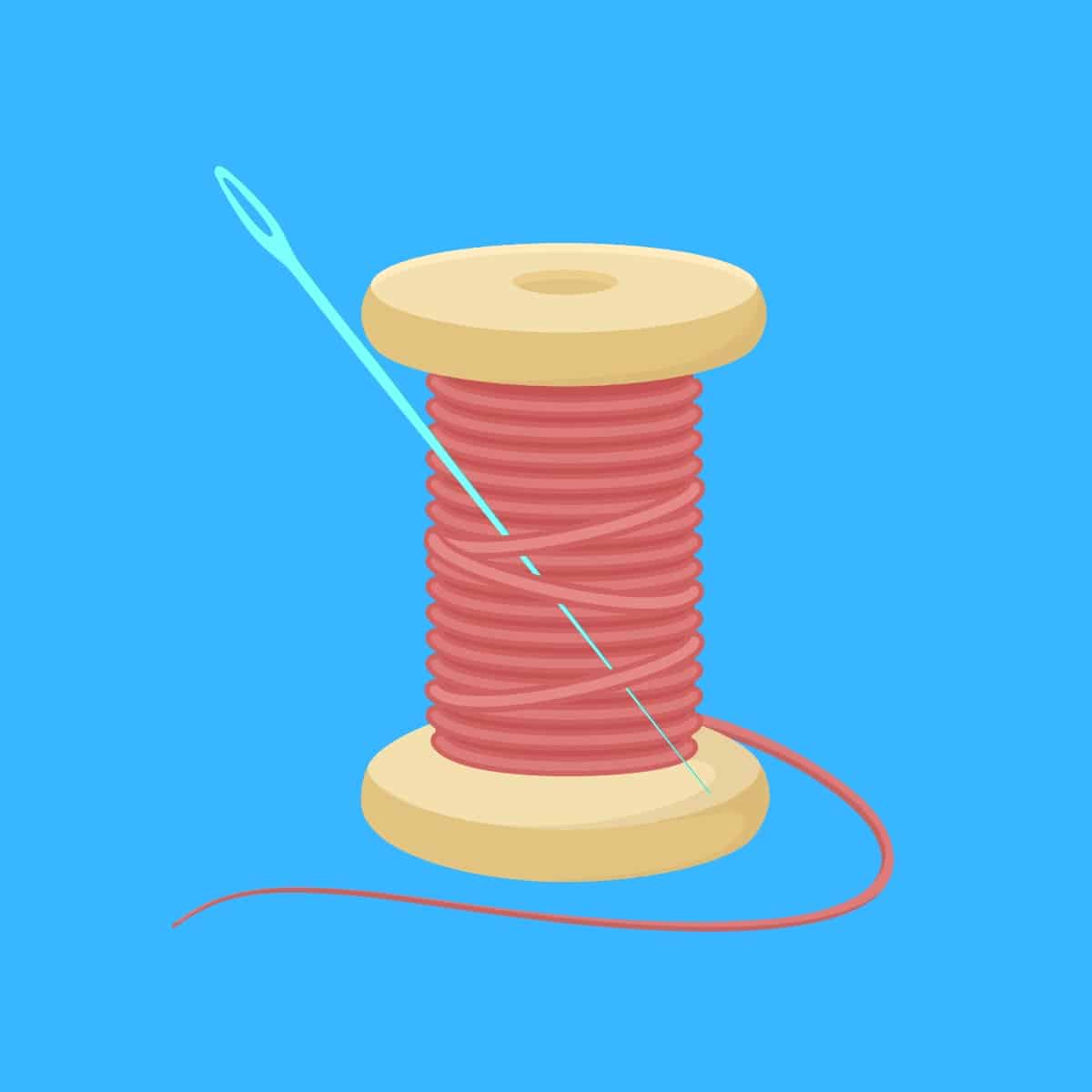 Cartoon graphic of a thread an needle on a blue background.