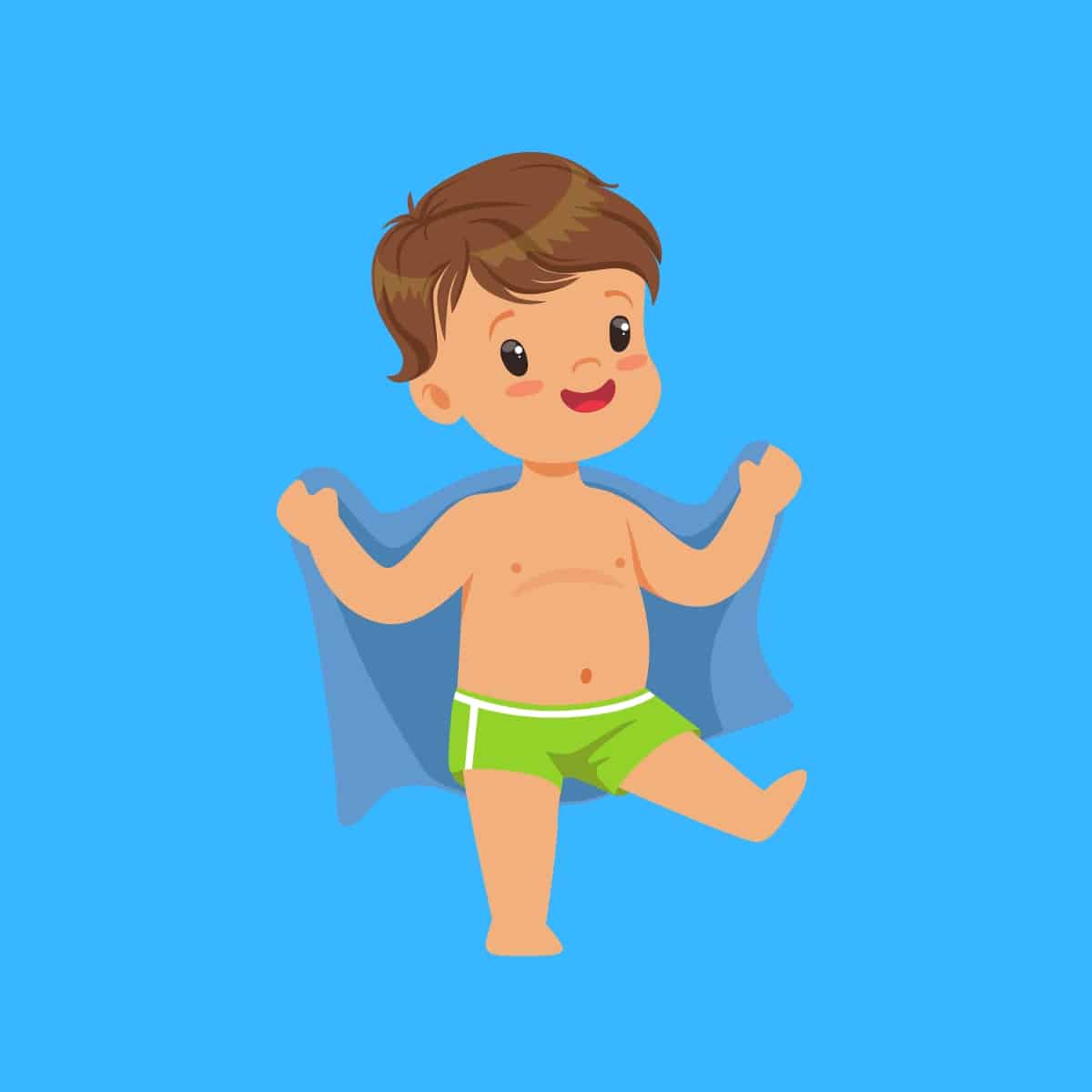 Cartoon graphic of a young boy with shorts and holding a towel around him on a blue background.