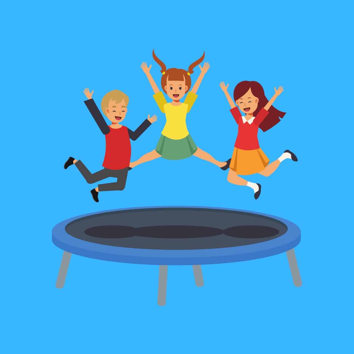 Cartoon graphic of a three kids smiling and jumping on a trampoline on a blue background.