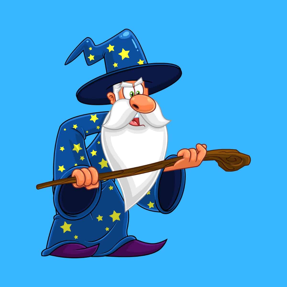 Cartoon graphic of a wizard holding a wooden staff with two hands on a blue background.