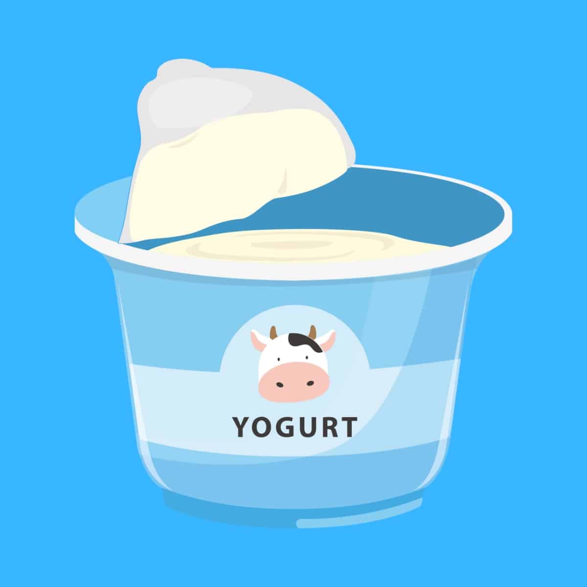 Cartoon graphic of a half-opened plain yogurt on a blue background.