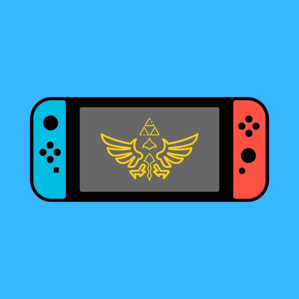 Cartoon graphic of a Nintendo switch with a Zelda game symbol on the screen on a blue background.