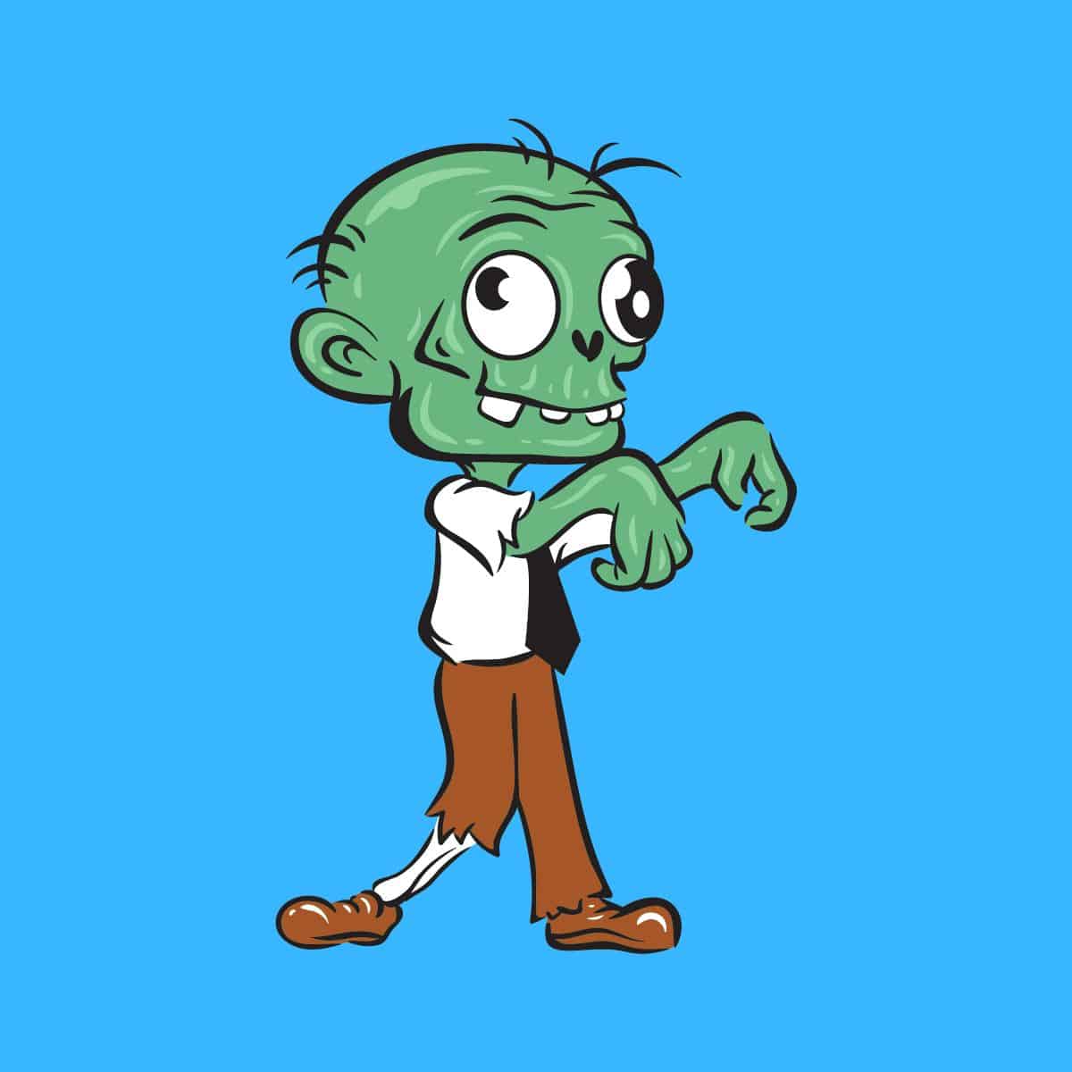 Cartoon graphic of a green zombie with big eyes walking weird on a blue background.