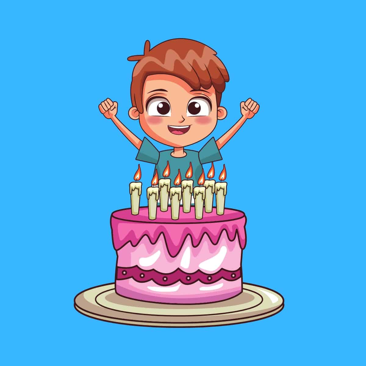 Cartoon graphic of a young boy with hands in the air about to blow out candles on his birthday cake on a blue background.