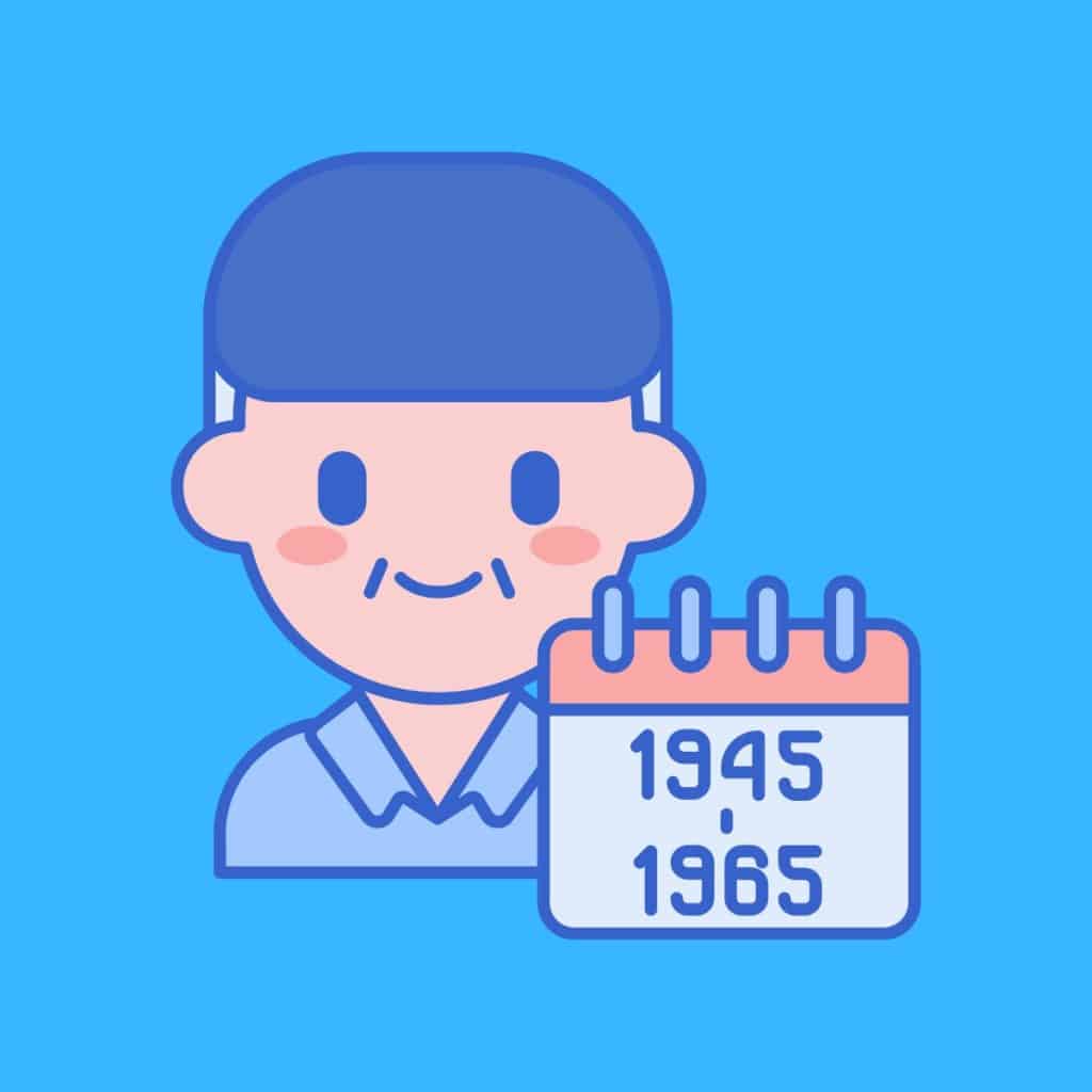 Cartoon graphic of a boomer with the dates on a calendar reading 1945-1965 on a blue background.