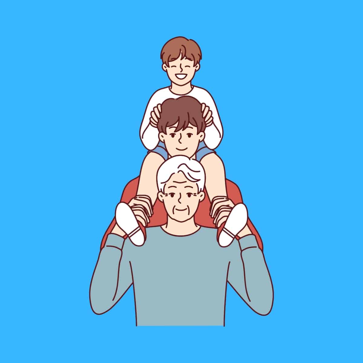 Cartoon graphic of a boomer with younger generations on his shoulders on a blue background.