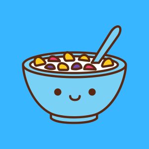 Cartoon graphic of a smiling bowl with cereal in it on a blue background.