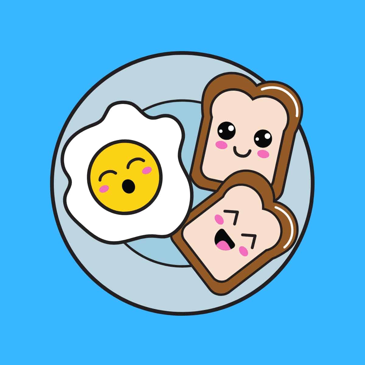Cartoon graphic of a plate with an egg and two pieces of toast, all with smiling faces on a blue background.