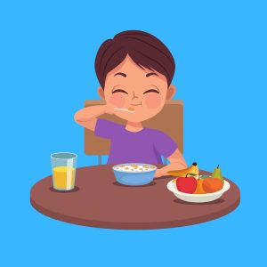 Cartoon graphic of a boy smiling with eyes closed while eating breakfast at table on a blue background.
