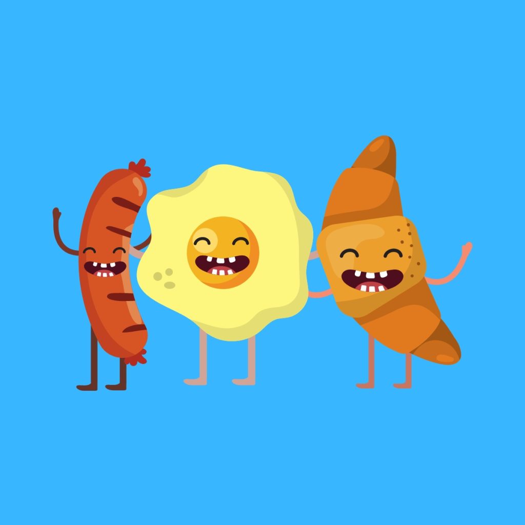 Cartoon graphic of a sausage, an egg, and a croissant all standing and smiling on a blue background.