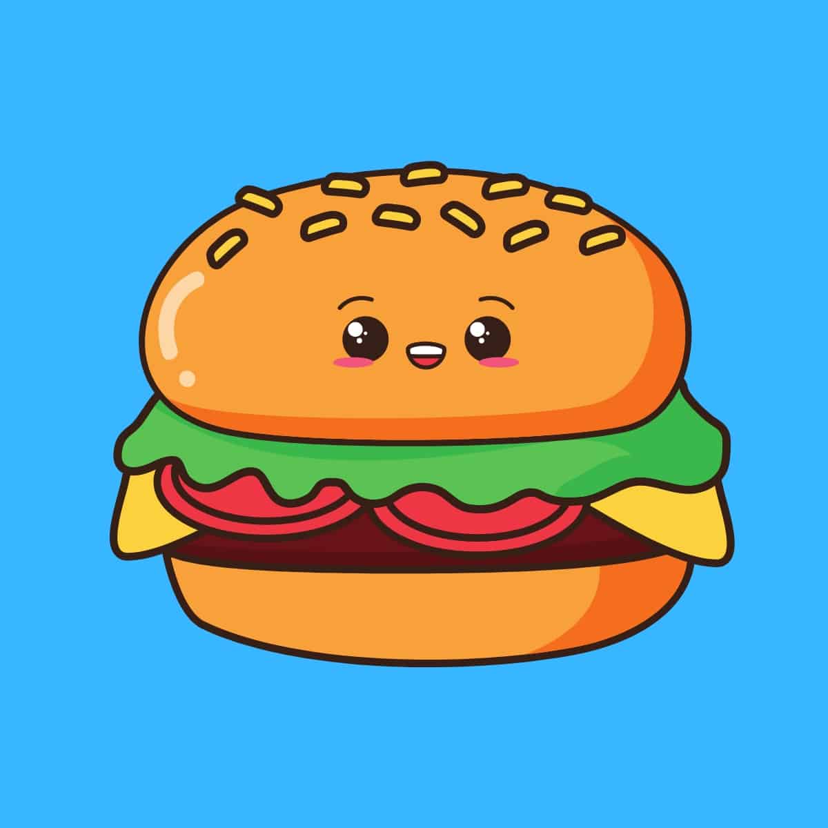 Cartoon graphic of a burger with a cute smiling face on a blue background.