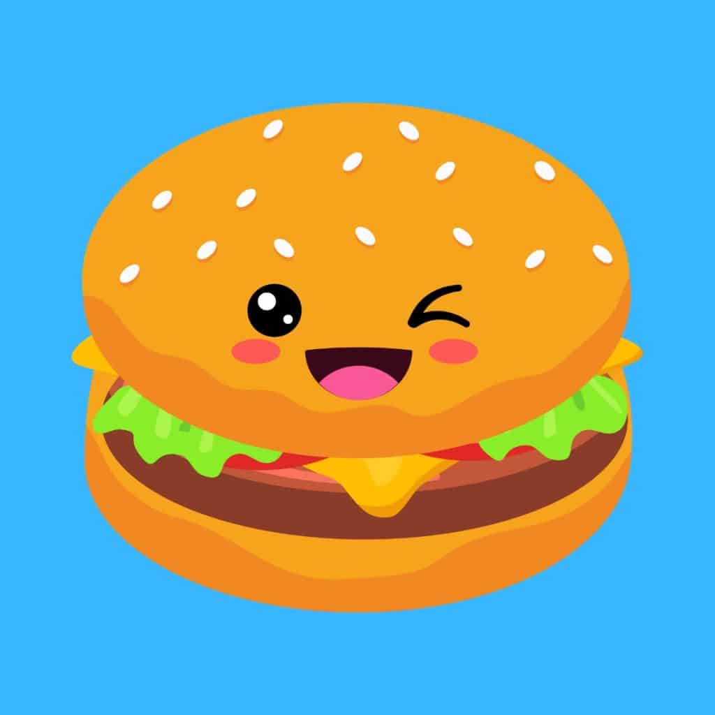 Cartoon graphic of a burger winking and smiling on a blue background.