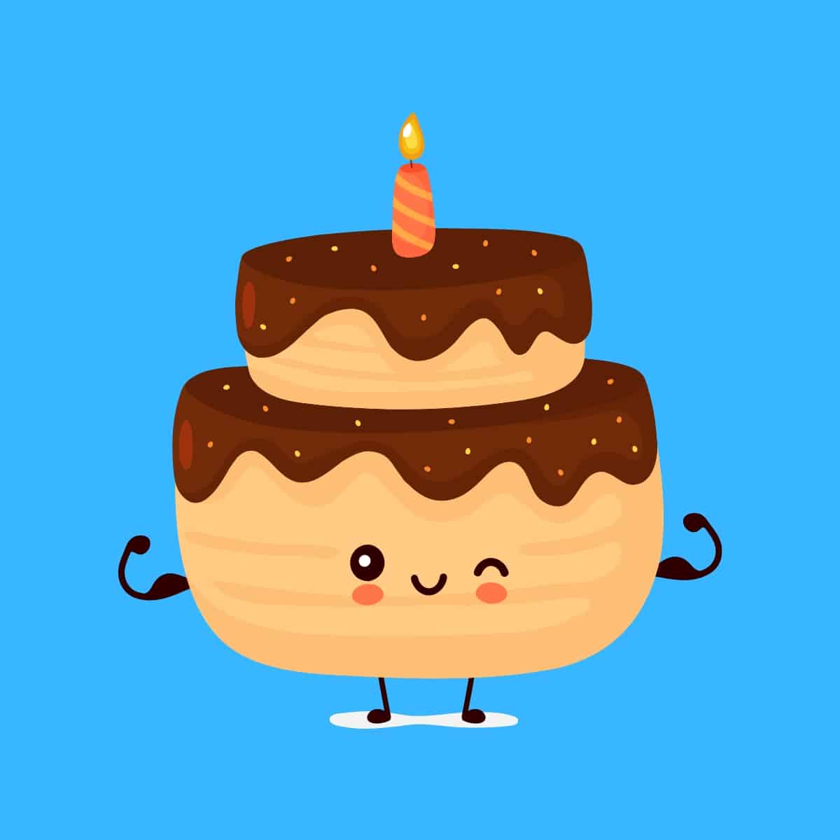 Cartoon graphic of a two-tier birthday cake winking and showing its muscles on a blue background.