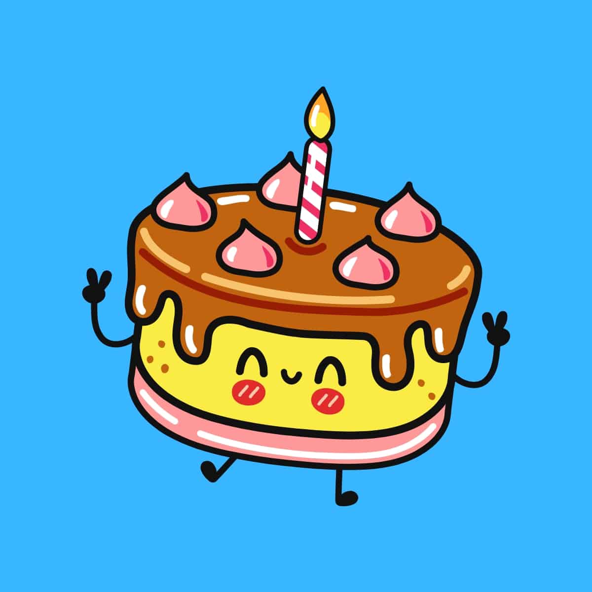 Cartoon graphic of a birthday cake witha candle doing the peace signs while standing and smiling on a blue background.